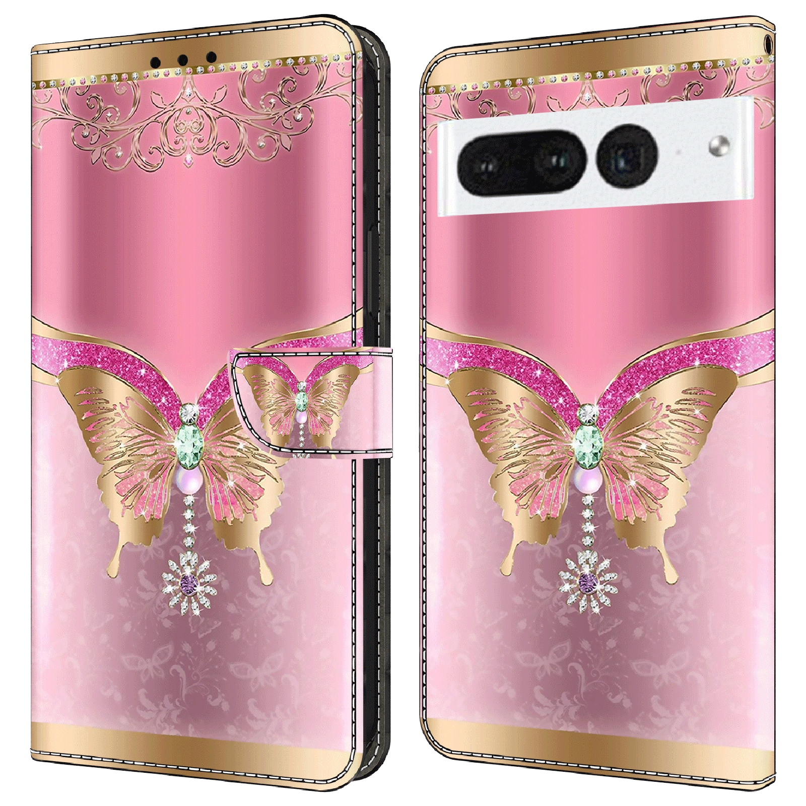 

Für Google Pixel 7 Pro 5G PU Leder -ständer Cover 3D -muster Gedrucktes Flip Wallet Phone Hülle - Rosa / Gold Schmetterling, Google Pixel 7 Pro 5G