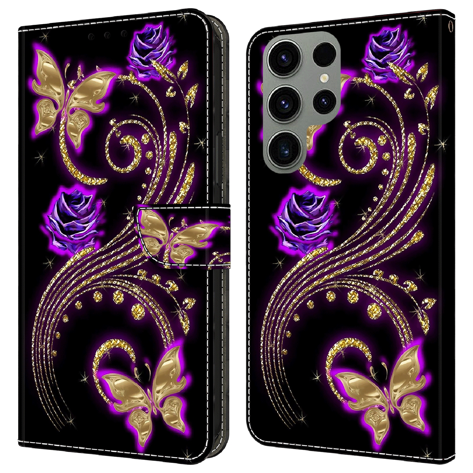 

Für Samsung Galaxy S23 Ultra 3D Muster Phone Hülle PU Leder Brieftasche Cover - Lilane Blumen / Schmetterlinge, Galaxy S23 Ultra