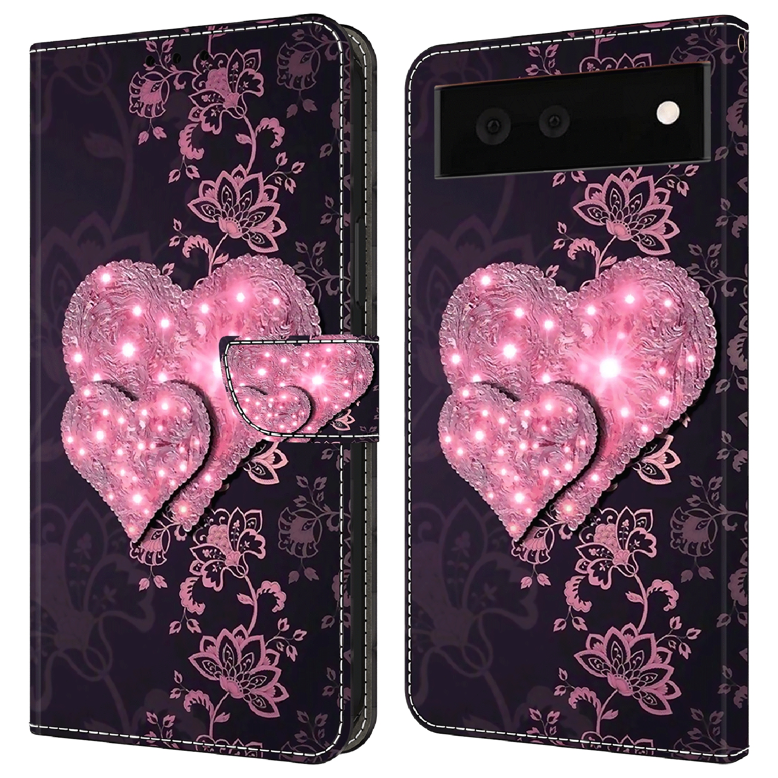 

Für Google Pixel 6 Wallet Case 3D Muster Gedruckte PU -lederständer Feature Flip Cover - Spitzenherzen, Google Pixel 6