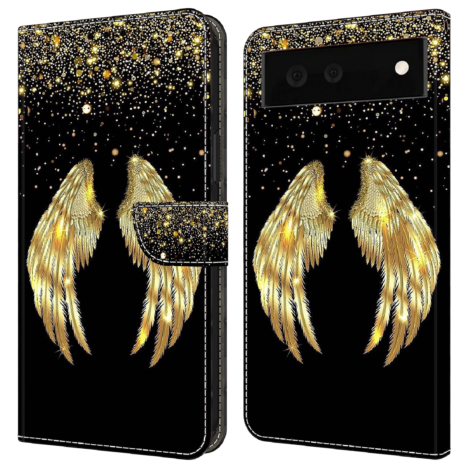 

Für Google Pixel 6a PU Leder Hülle 3D Muster Druckständer Flip Wallet -telefonabdeckung - Gold Flügel, Google Pixel 6a