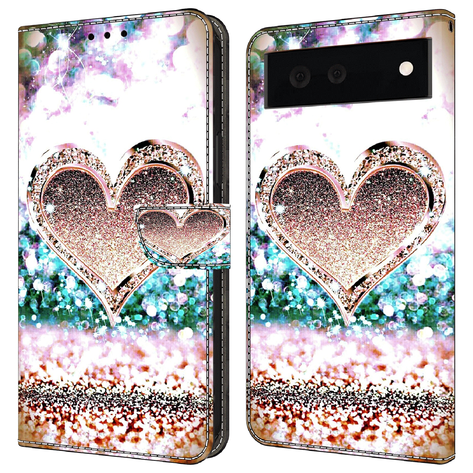 

Für Google Pixel 6a PU Leder Hülle 3D Muster Druckständer Flip Wallet -telefonabdeckung - Pink Diamond Heart, Google Pixel 6a