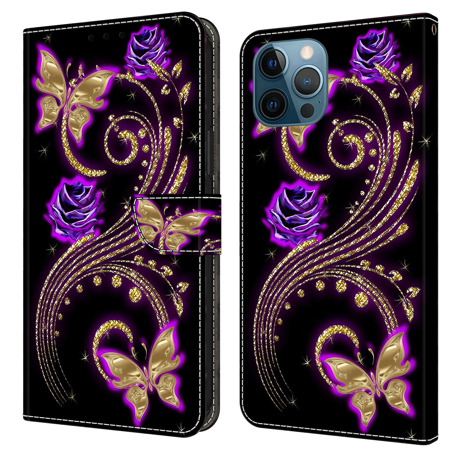 

Leder -telefonhülle Für Iphone 13 Pro Max Gedrucktes 3D -muster -brieftasche Magnetic -verschlussabdeckung - Lilane Blumen / Schmetterlinge, iPhone 13 Pro Max