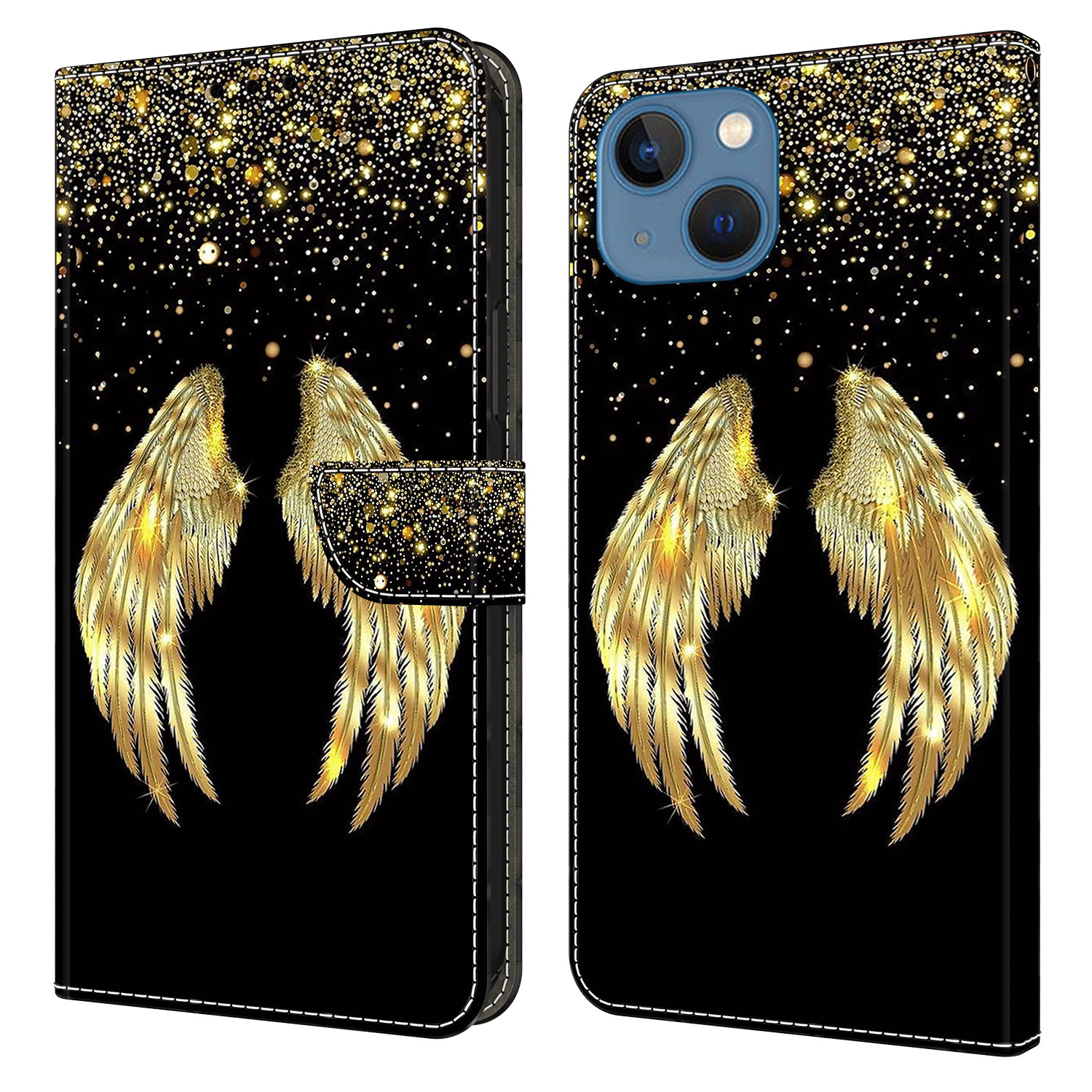 

Für Iphone 14 PU Leder Hülle 3D Muster Gedruckter Ständer Flip Wallet Telefonabdeckung - Gold Flügel, iPhone 14