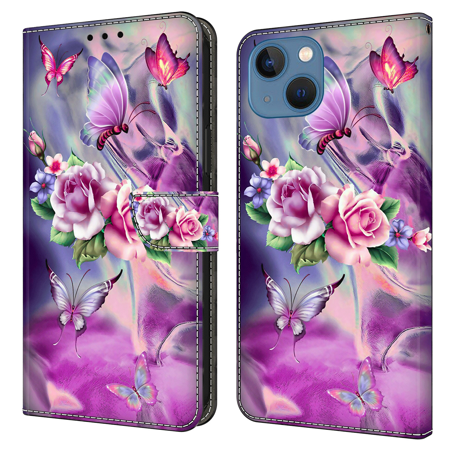 

Für Iphone 14 PU Leder Hülle 3D Muster Gedruckter Ständer Flip Wallet Telefonabdeckung - Schmetterlinge / Blumen, iPhone 14