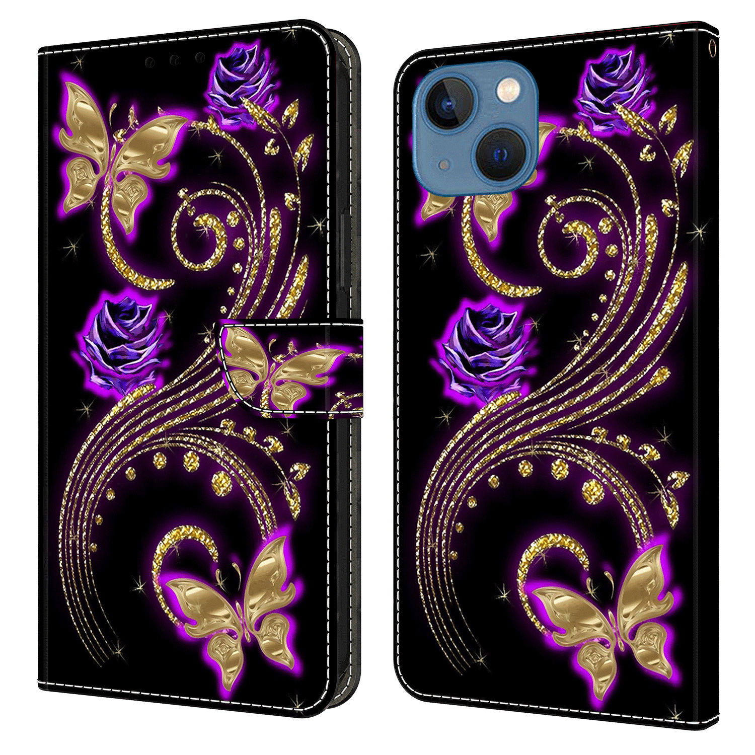 

3D -muster Gedrucktes Telefonhülle Für Iphone 14 Plus, Brieftasche PU Leder Flip Cover - Lilane Blumen / Schmetterlinge, iPhone 14 Plus