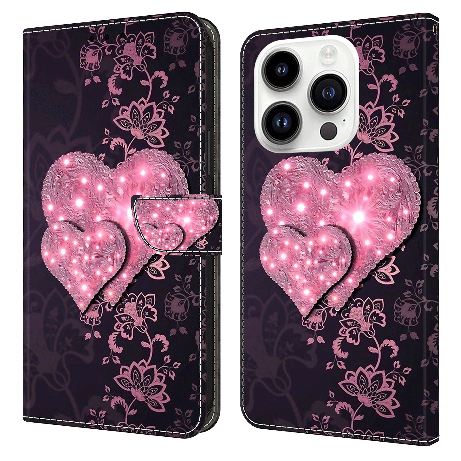 

Für Iphone 14 Pro pu Leder Wallet Hülle 3D -muster Gedruckter Magnetverschlussstand Telefonabdeckung - Spitzenherzen, iPhone 14 Pro