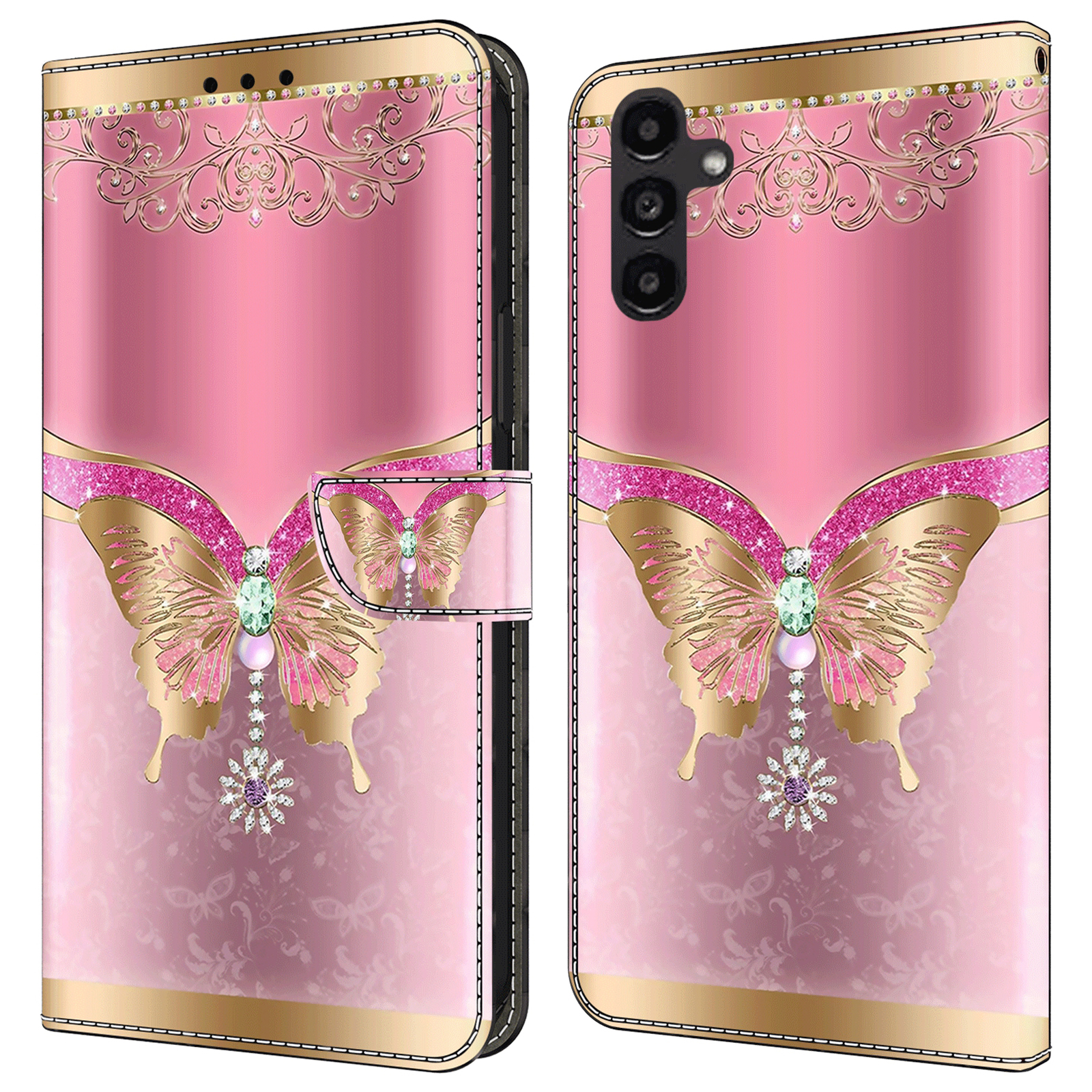 

Für Samsung Galaxy A14 4G / 5g Leder Brieftasche Hülle Ständer 3D Muster Druckschutzhilfeabdeckung - Rosa / Gold Schmetterling, Galaxy A14 4G