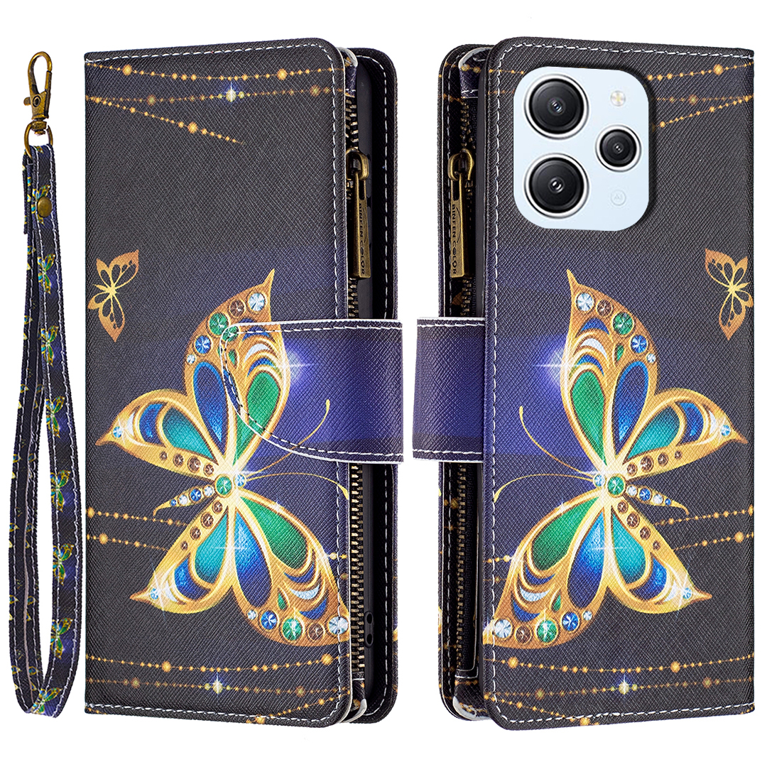 

BF03 Brieftasche Telefonhülle Für Xiaomi Redmi 12 4g, PU Leder Reißverschluss Taschenmuster -druckständer Cover - Strassbutterfly, Xiaomi Redmi 12 4G