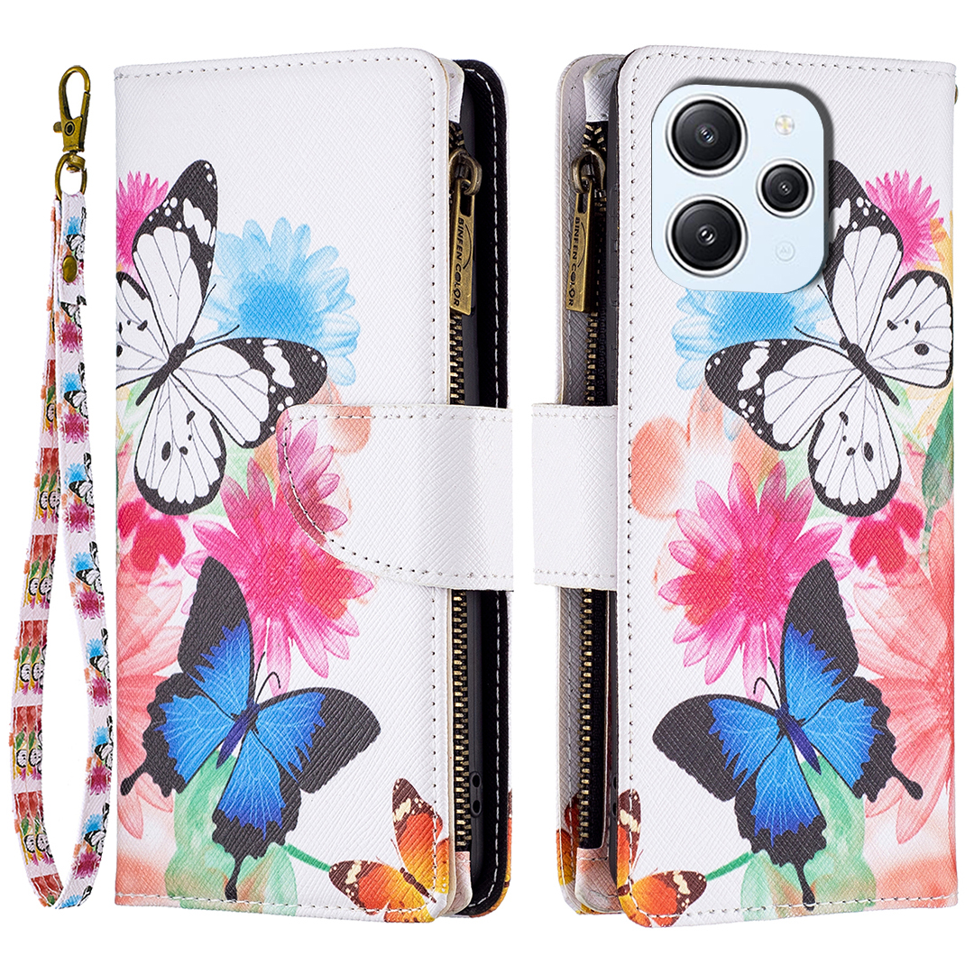 

BF03 Brieftasche Telefonhülle Für Xiaomi Redmi 12 4g, PU Leder Reißverschluss Taschenmuster -druckständer Cover - Zwei Schmetterlinge, Xiaomi Redmi 12 4G