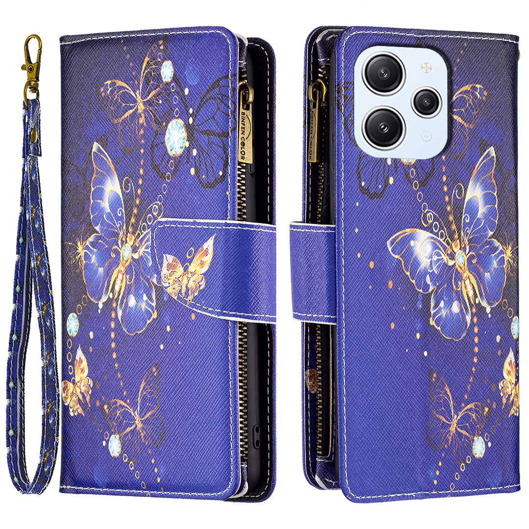 

BF03 Brieftasche Telefonhülle Für Xiaomi Redmi 12 4g, PU Leder Reißverschluss Taschenmuster -druckständer Cover - Lila Schmetterlinge, Xiaomi Redmi 12 4G