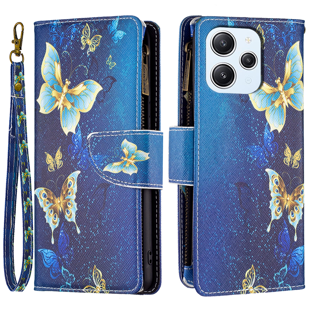 

BF03 Brieftasche Telefonhülle Für Xiaomi Redmi 12 4g, PU Leder Reißverschluss Taschenmuster -druckständer Cover - Goldene Schmetterlinge, Xiaomi Redmi 12 4G
