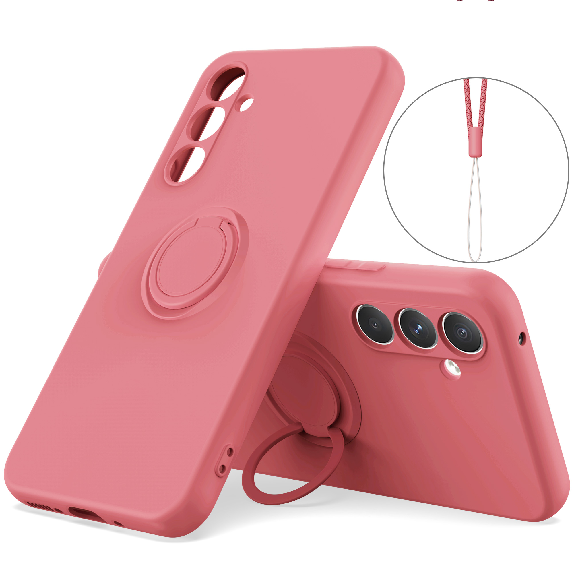 

Für Samsung Galaxy A54 5G Ring Kickstand Telefonhülle Flüssige Silikonabdeckung Mit Handgelenkseil - Rot, Galaxy A54 5G