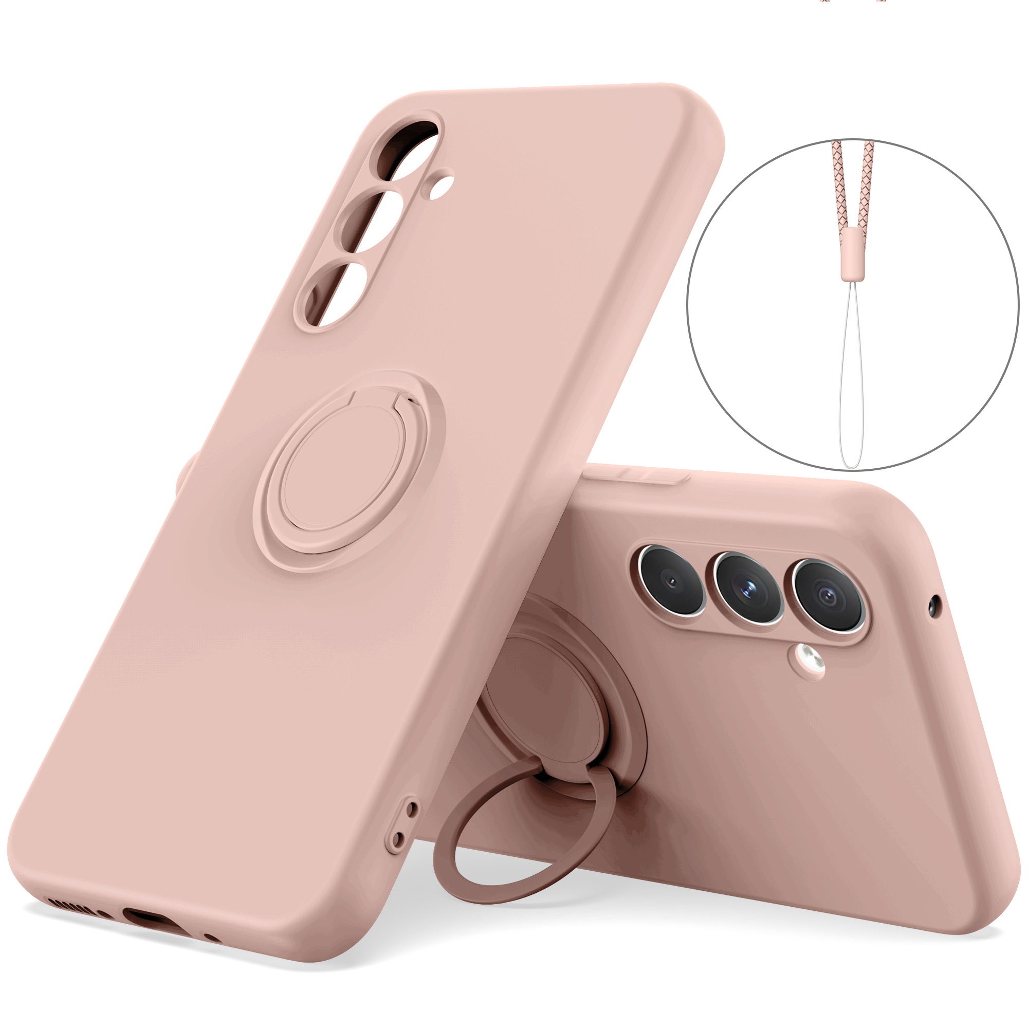 

Für Samsung Galaxy A54 5G Ring Kickstand Telefonhülle Flüssige Silikonabdeckung Mit Handgelenkseil - Rosa, Galaxy A54 5G