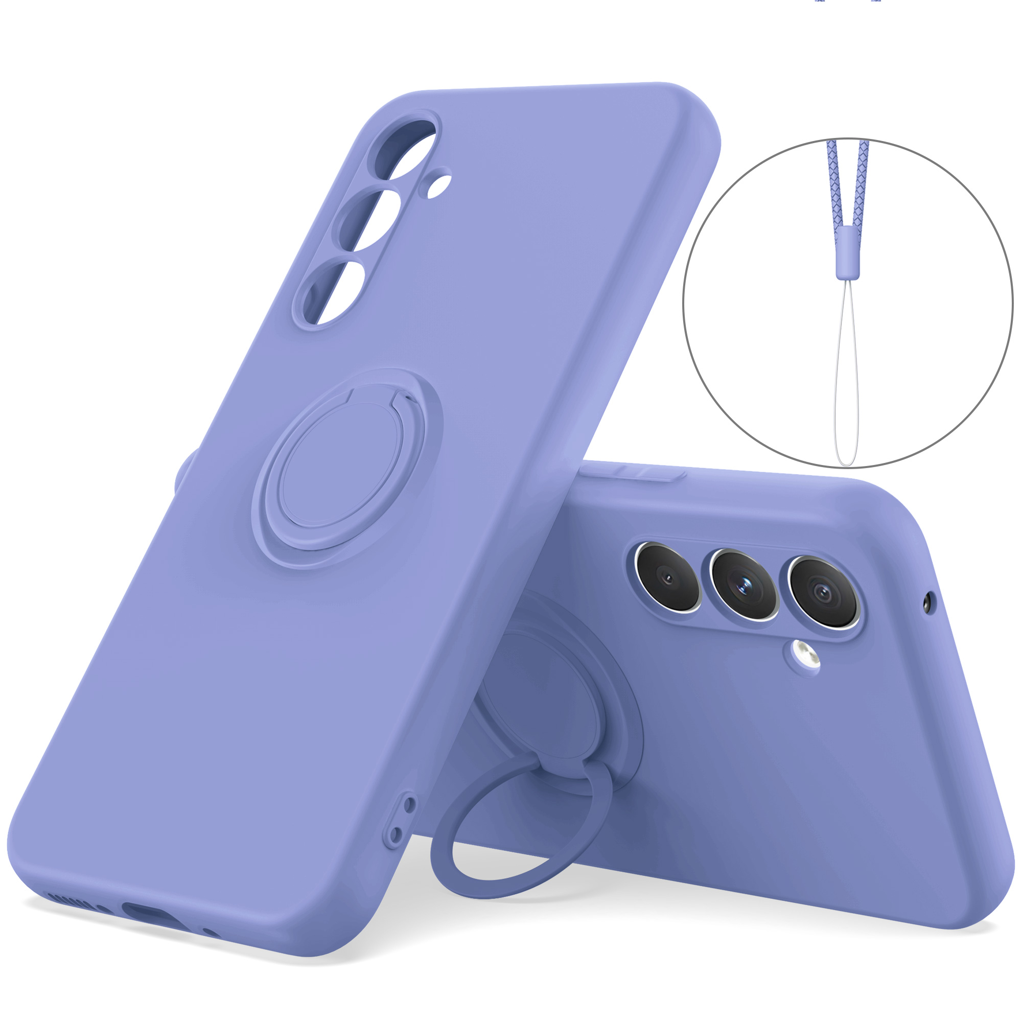 

Für Samsung Galaxy A54 5G Ring Kickstand Telefonhülle Flüssige Silikonabdeckung Mit Handgelenkseil - Lila, Galaxy A54 5G