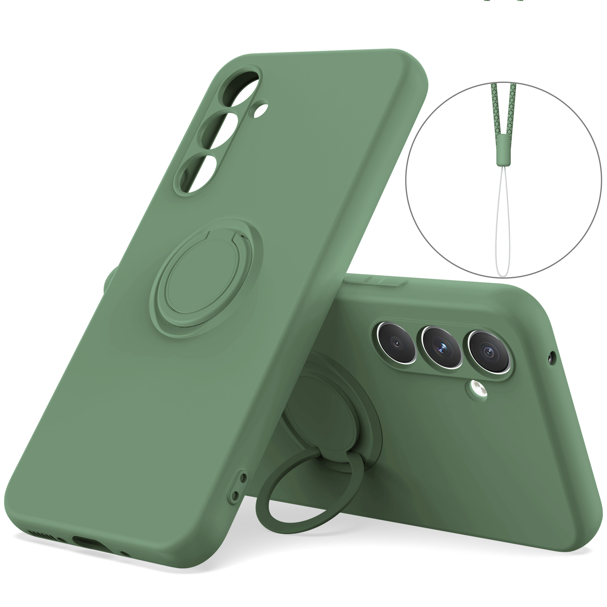 

Für Samsung Galaxy A54 5G Ring Kickstand Telefonhülle Flüssige Silikonabdeckung Mit Handgelenkseil - Grün, Galaxy A54 5G