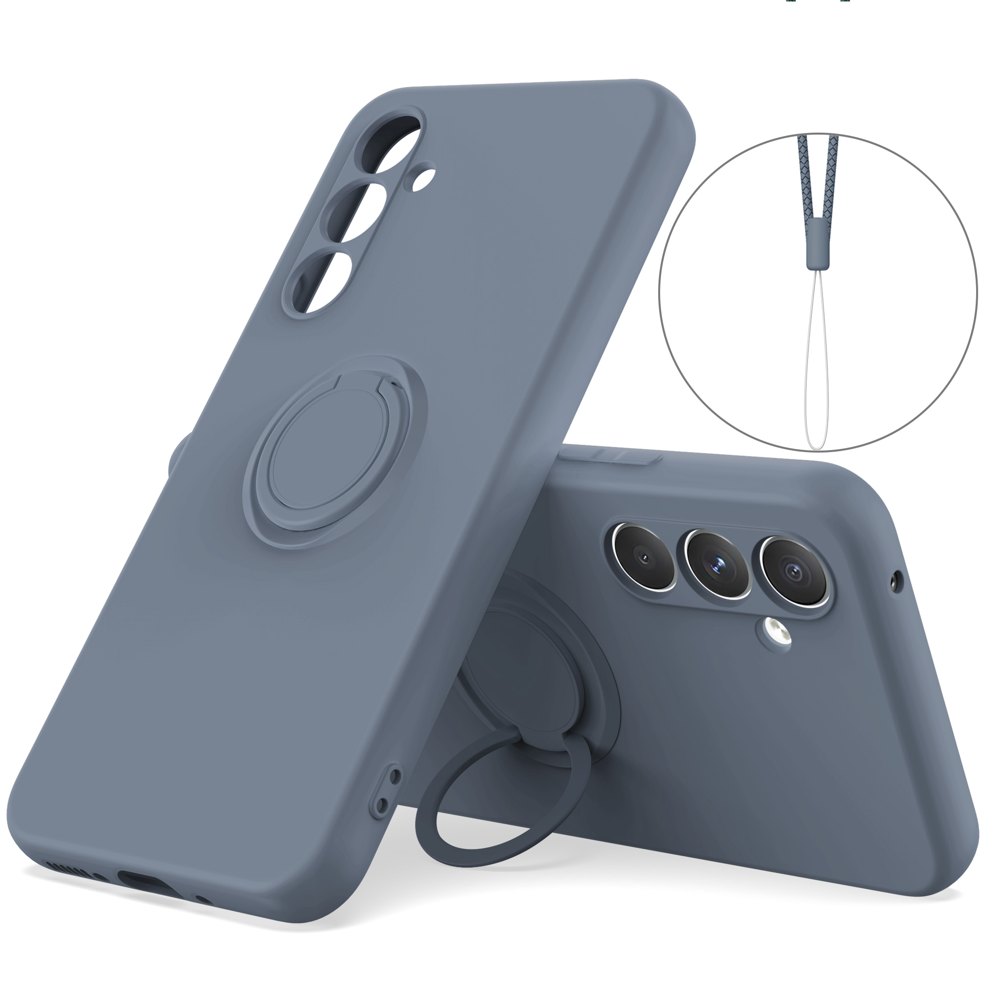 

Für Samsung Galaxy A54 5G Ring Kickstand Telefonhülle Flüssige Silikonabdeckung Mit Handgelenkseil - Dunkelblau, Galaxy A54 5G