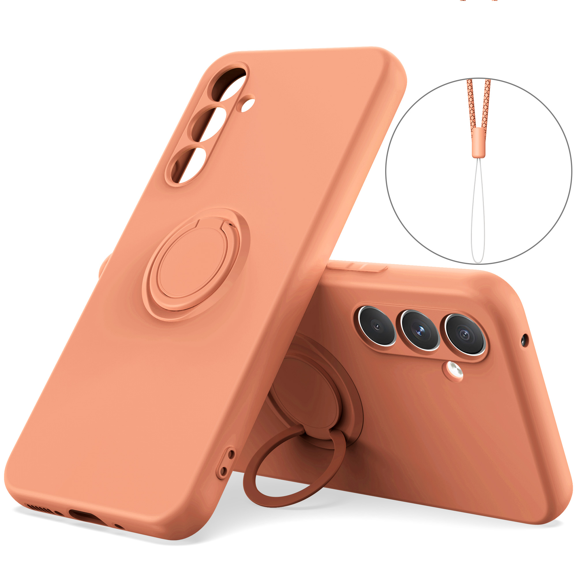 

Für Samsung Galaxy A54 5G Ring Kickstand Telefonhülle Flüssige Silikonabdeckung Mit Handgelenkseil - Orange, Galaxy A54 5G