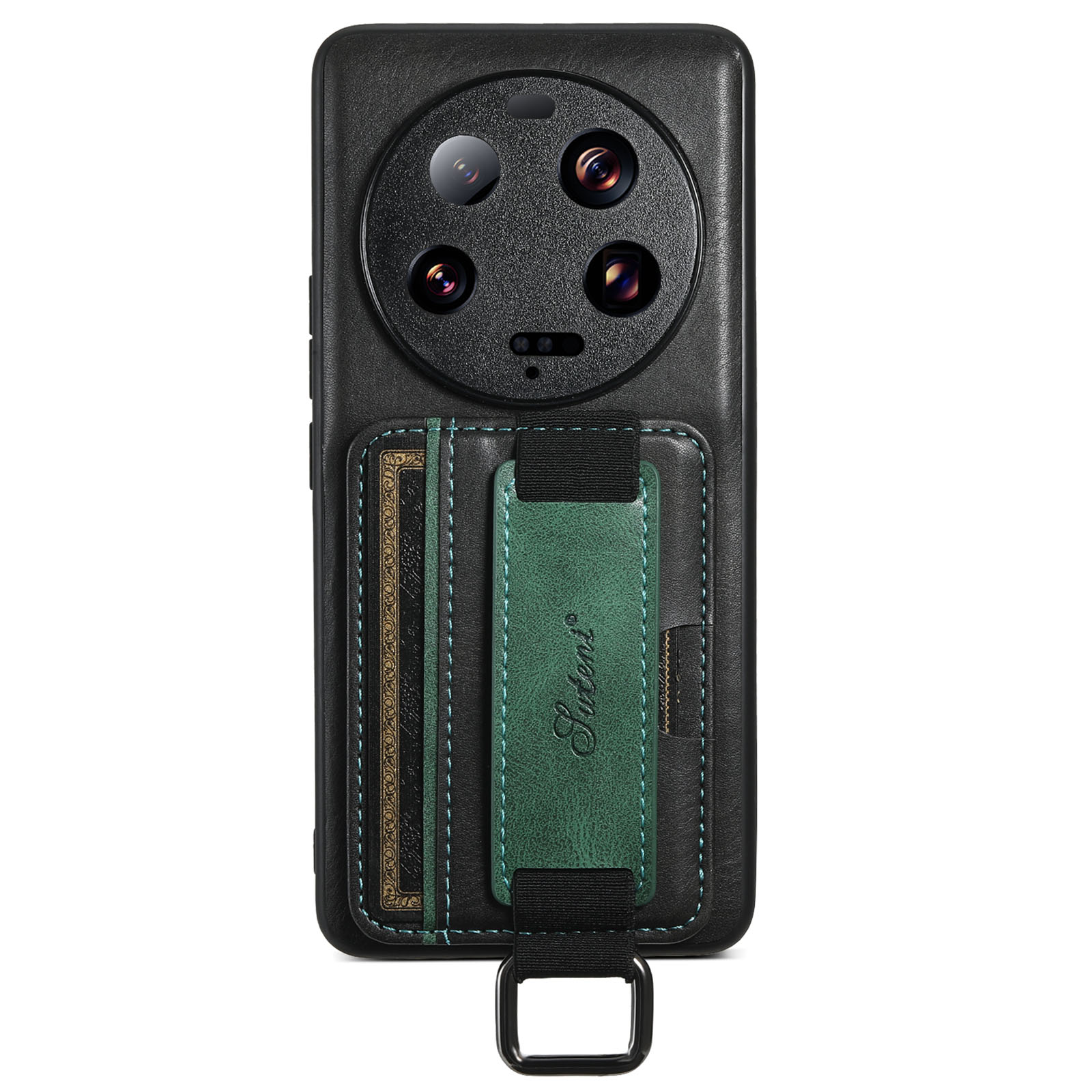 

Suteni H13 Für Xiaomi 13 Ultra PU -lederbeschichteter PC+TPU -telefonabdeckungskartenhalter Kickstand Hülle Mit Handgurt - Schwarz, Xiaomi 13 Ultra