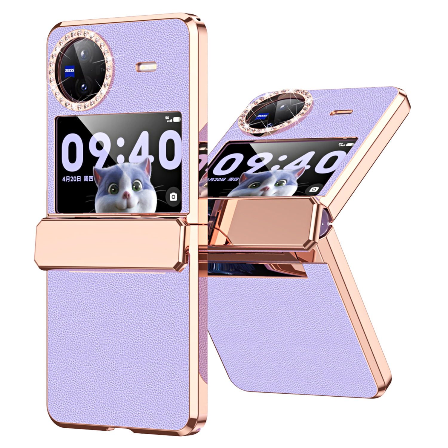 

Für Vivo X Flip Scharnierschutz PU Leder+pc -hülle Strsestone Dekor Elektroplatte Telefonabdeckung - Lila, vivo X Flip