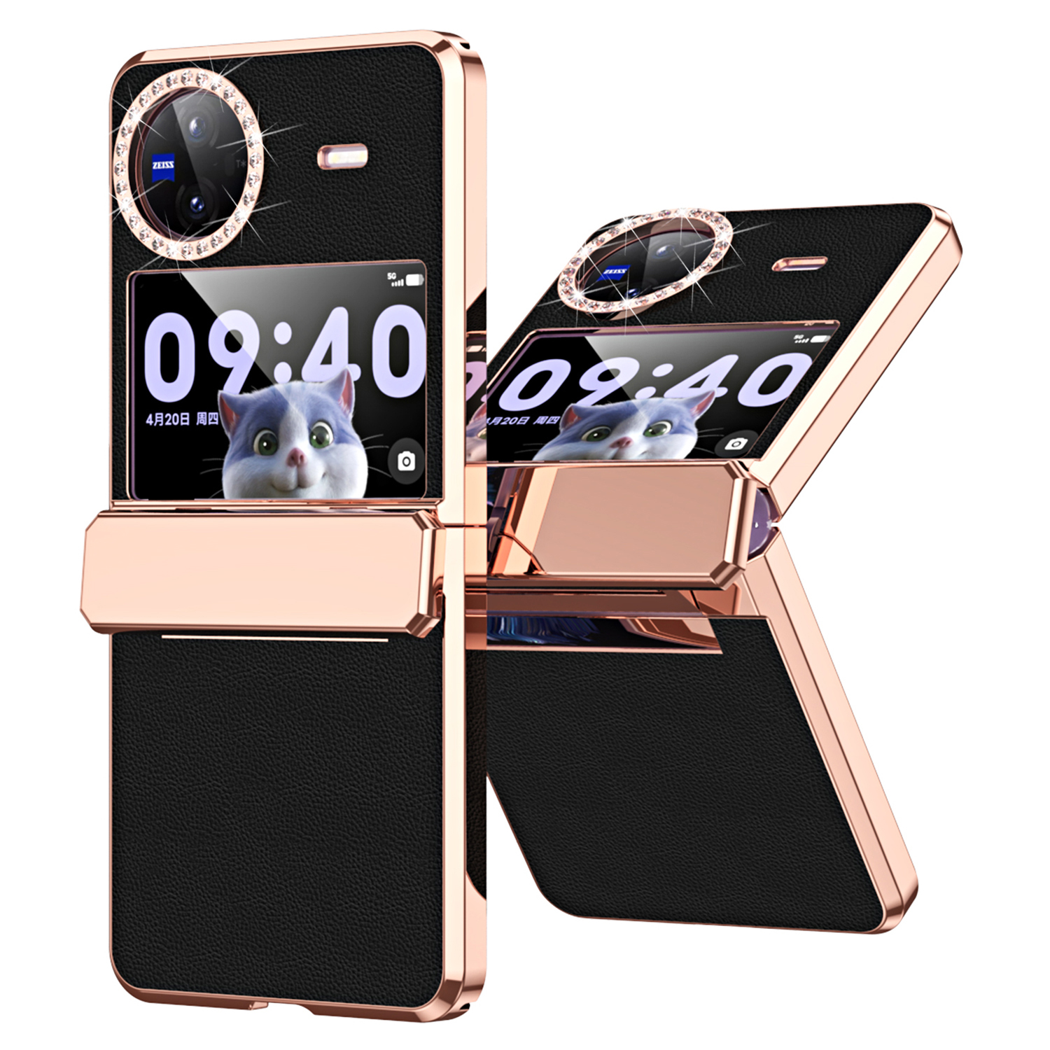 

Für Vivo X Flip Scharnierschutz PU Leder+pc -hülle Strsestone Dekor Elektroplatte Telefonabdeckung - Schwarz, vivo X Flip