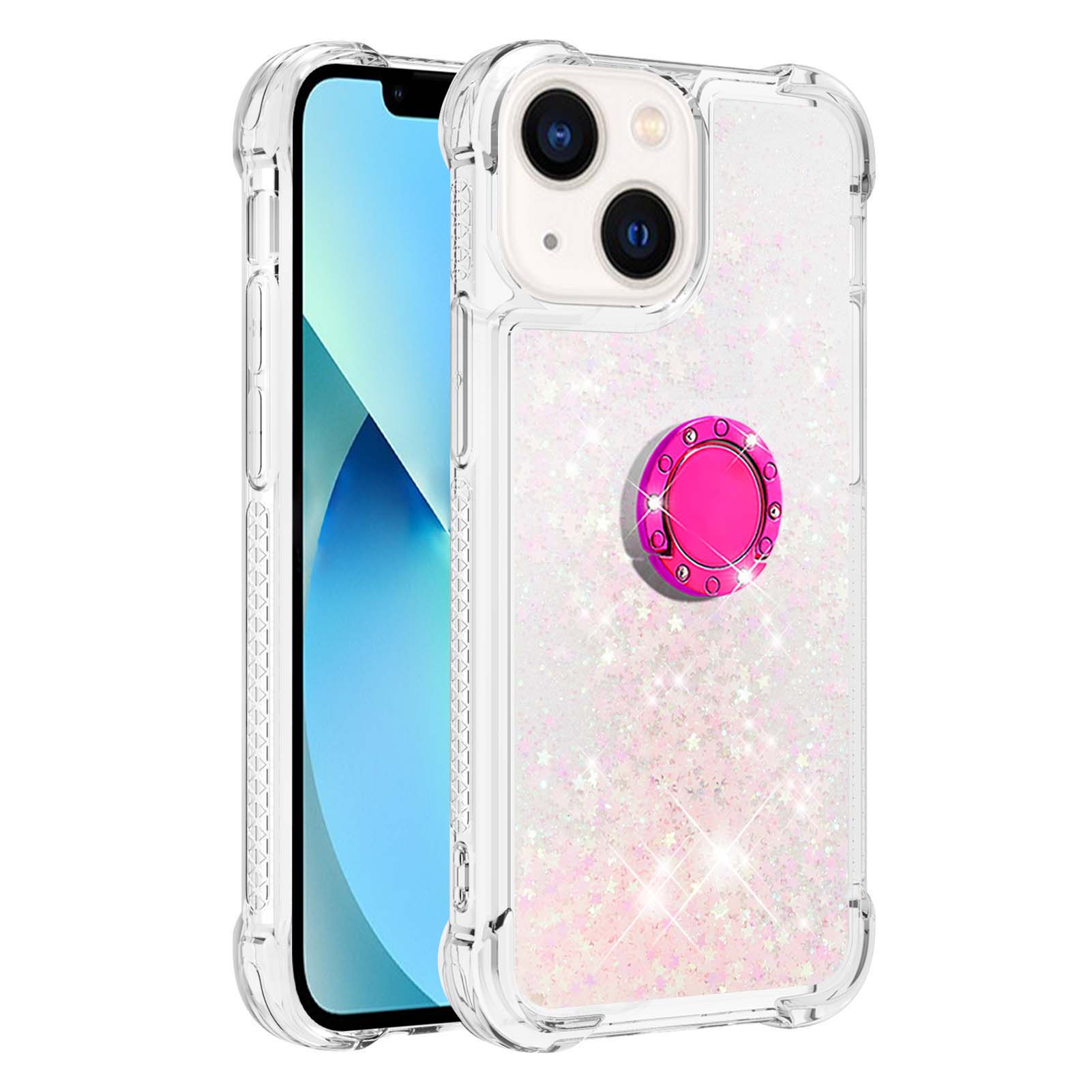 

YB Quicksand Series-7 Für Iphone 15 Plus Ring Kickstand Phone Case Floating Liquid Glitter TPU Cover - Rosa / Pentagramme, iPhone 15 Plus