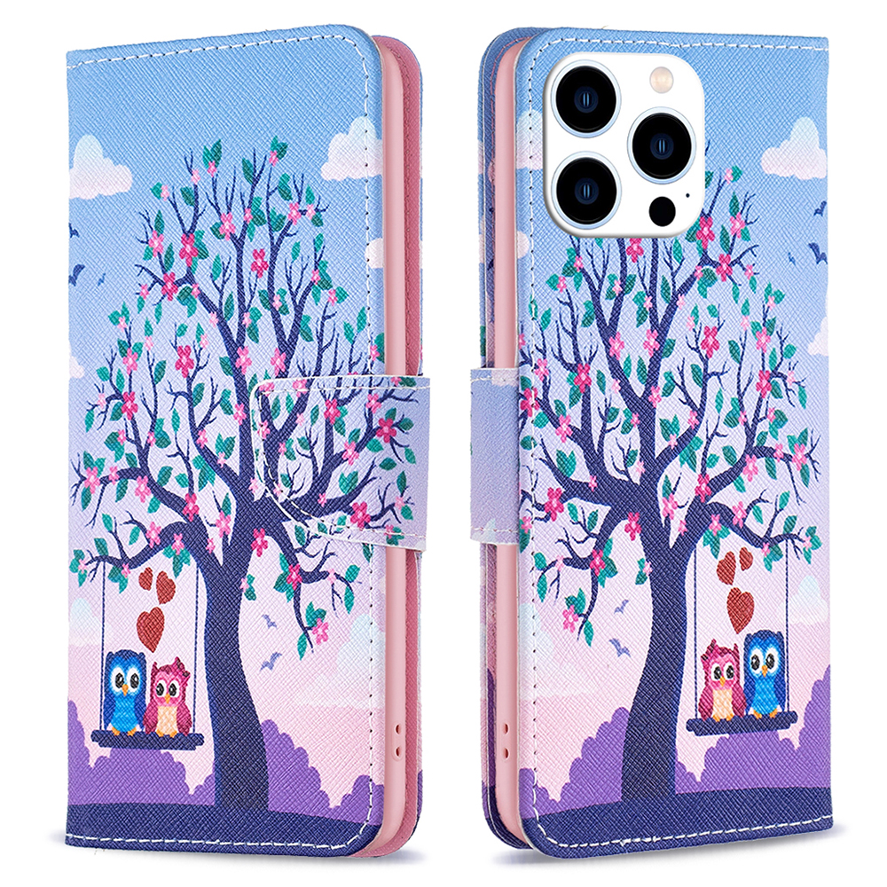 

Musterdruckleder-hülle Für Iphone 15 Pro Max, Stand Wallet Anti-drop-telefonabdeckung - Zwei Eulen, iPhone 15 Pro Max