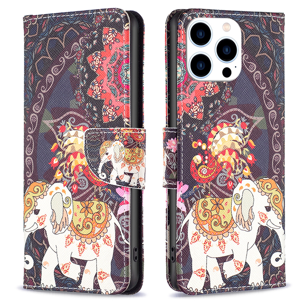 

Musterdruckleder-hülle Für Iphone 15 Pro Max, Stand Wallet Anti-drop-telefonabdeckung - Blume Und Elefant, iPhone 15 Pro Max