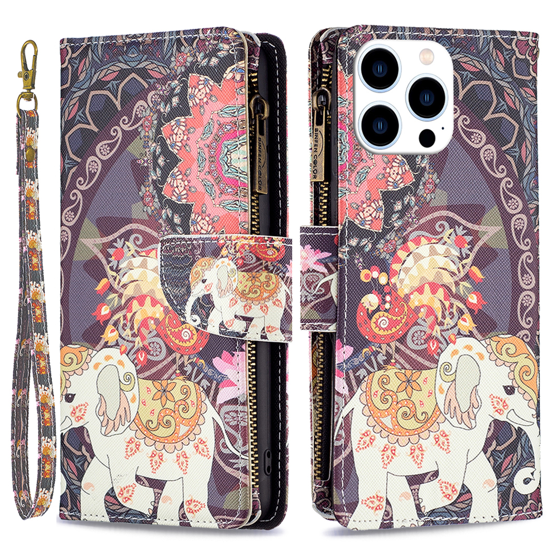 

BF03 Reißverschlusspocket Leder Hülle Für Iphone 15 Pro, Muster Druckstillhilfe Telefonabdeckung - Blumen Und Elefant, iPhone 15 Pro