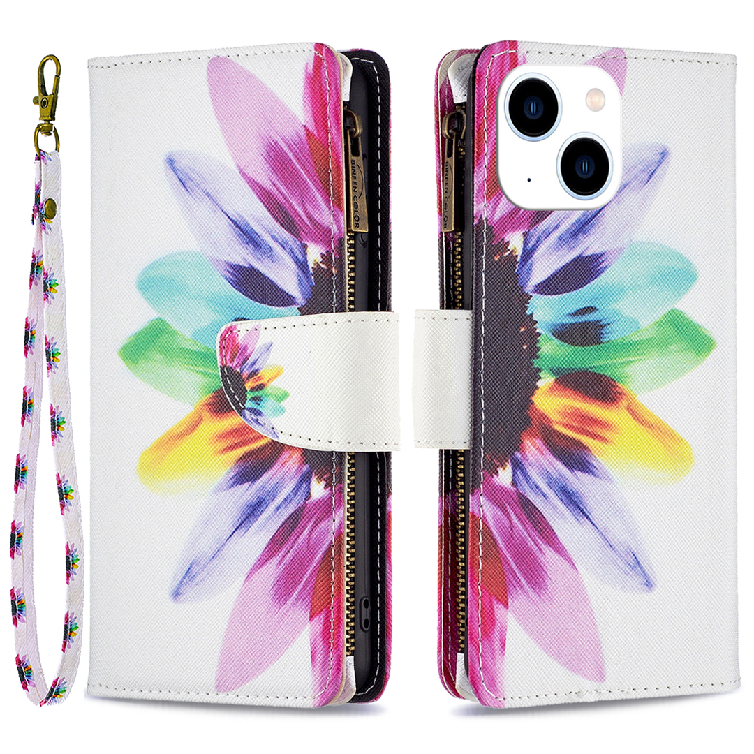 

BF03 PU Leder Reißverschluss Pocket Phone Hülle Für Iphone 15, Musterdruckstillschriftenabdeckung - Sonnenblume, iPhone 15