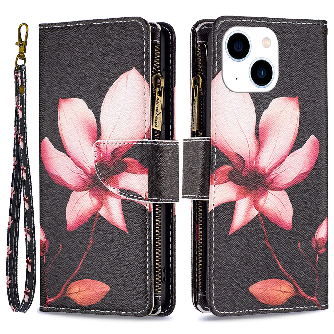 

BF03 PU Leder Reißverschluss Pocket Phone Hülle Für Iphone 15, Musterdruckstillschriftenabdeckung - Pinke Blume, iPhone 15
