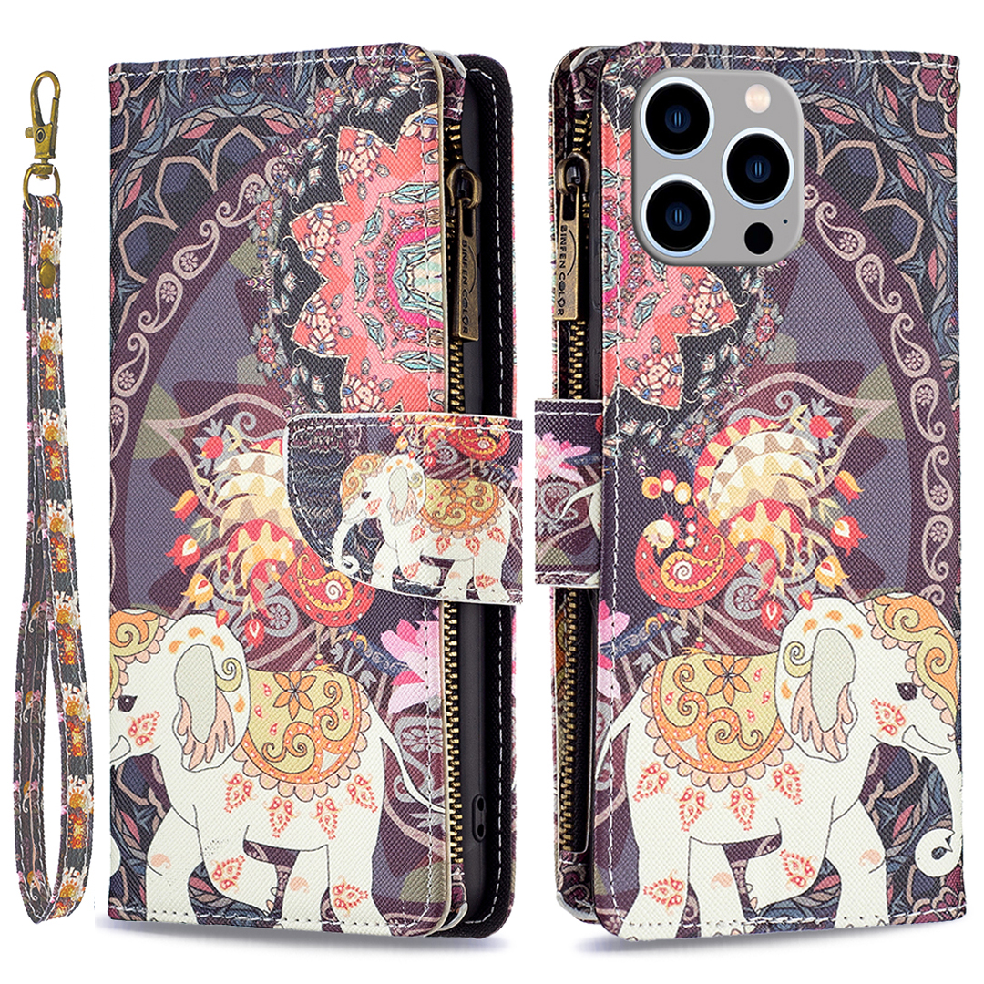 

BF03 Reißverschluss Taschentelefonabdeckung Für Iphone 15 Pro Max, Musterdruckständer PU Leder Brieftasche Hülle - Blumen Und Elefant, iPhone 15 Pro Max