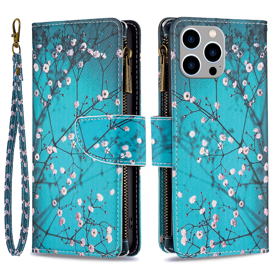 

BF03 Reißverschluss Taschentelefonabdeckung Für Iphone 15 Pro Max, Musterdruckständer PU Leder Brieftasche Hülle - Pflaumenblüte, iPhone 15 Pro Max