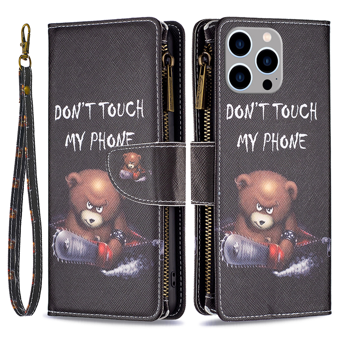 

BF03 Reißverschluss Taschentelefonabdeckung Für Iphone 15 Pro Max, Musterdruckständer PU Leder Brieftasche Hülle - Tragen, iPhone 15 Pro Max