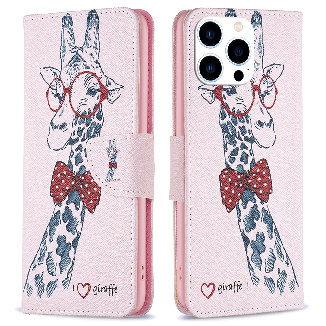 

PU Ledermuster Druckbrieftasche Für Iphone 15 Pro, Stand Anti-drop-telefonabdeckung - Giraffe, iPhone 15 Pro