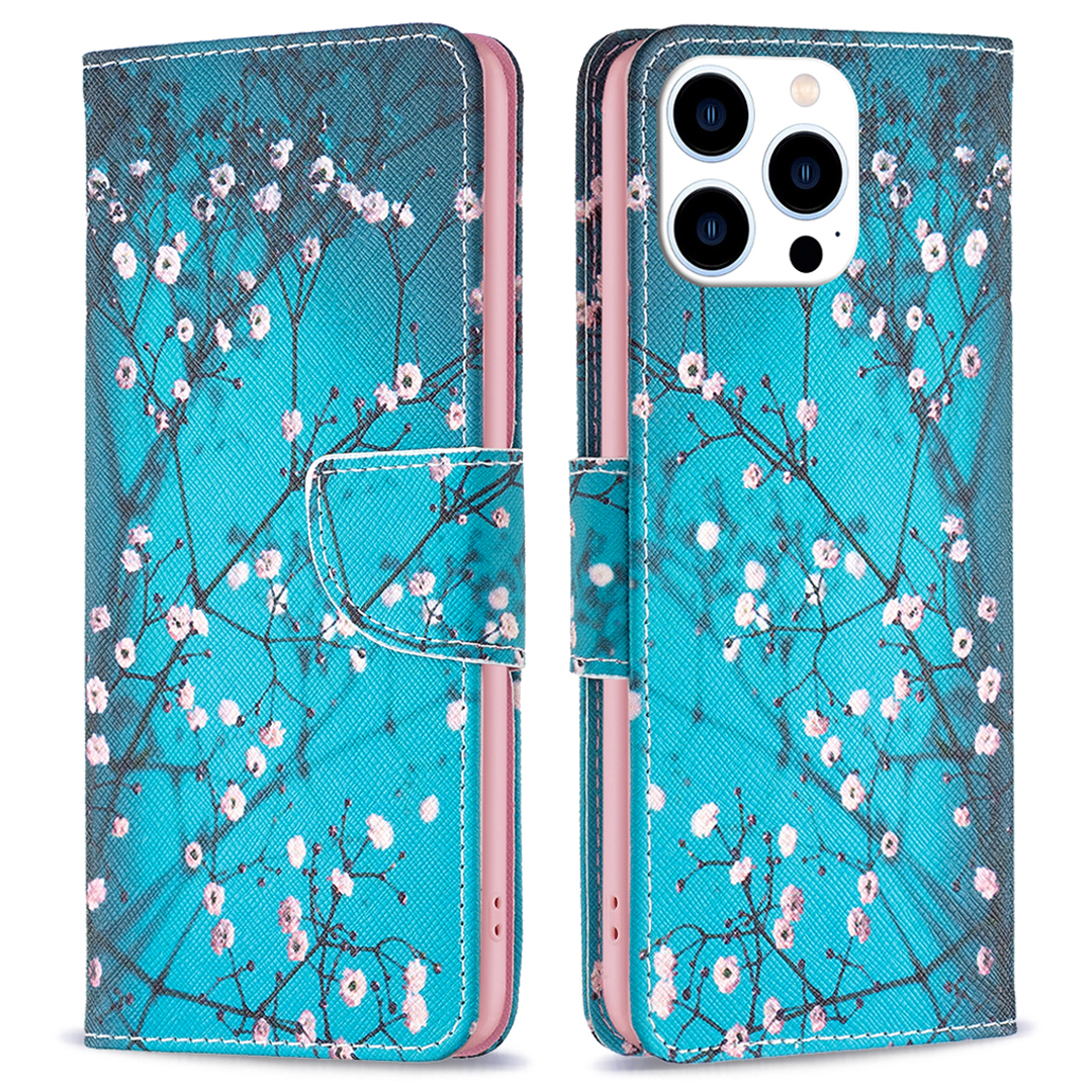 

PU Ledermuster Druckbrieftasche Für Iphone 15 Pro, Stand Anti-drop-telefonabdeckung - Pflaumenblüte, iPhone 15 Pro