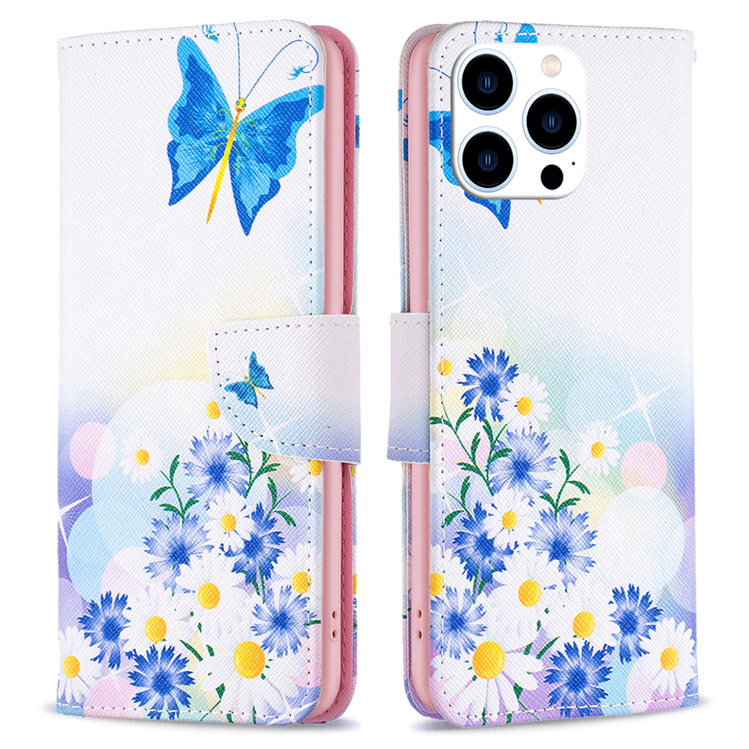 

PU Ledermuster Druckbrieftasche Für Iphone 15 Pro, Stand Anti-drop-telefonabdeckung - Schmetterling Und Blumen, iPhone 15 Pro