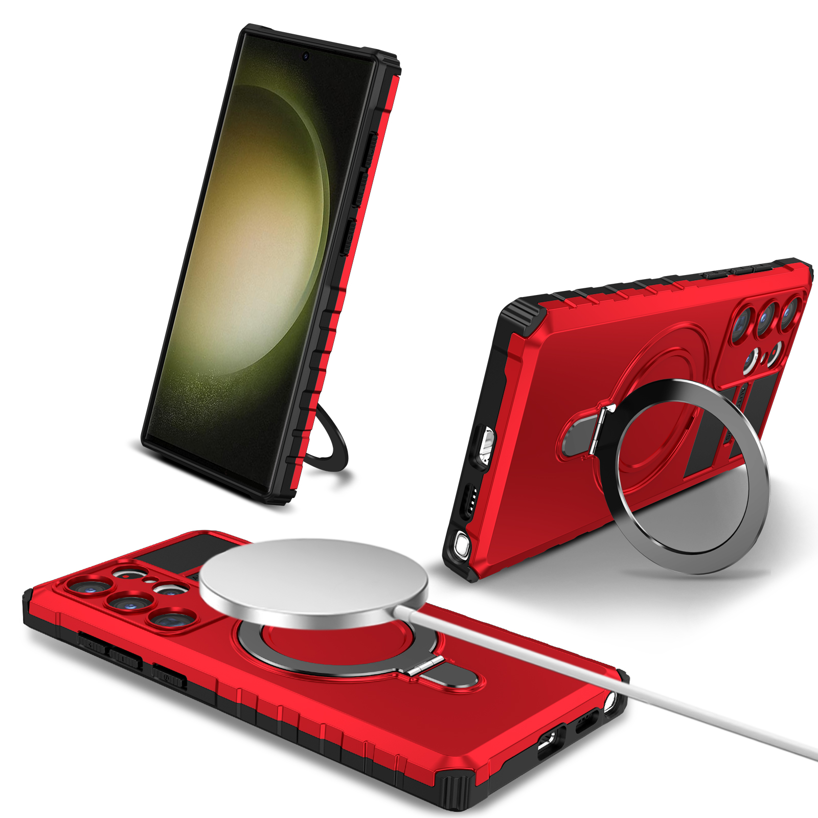 

Für Samsung Galaxy S23 Ultra PC+TPU -telefonhülle Magnetfinger Grip Kickstand Cover - Rot, Galaxy S23 Ultra