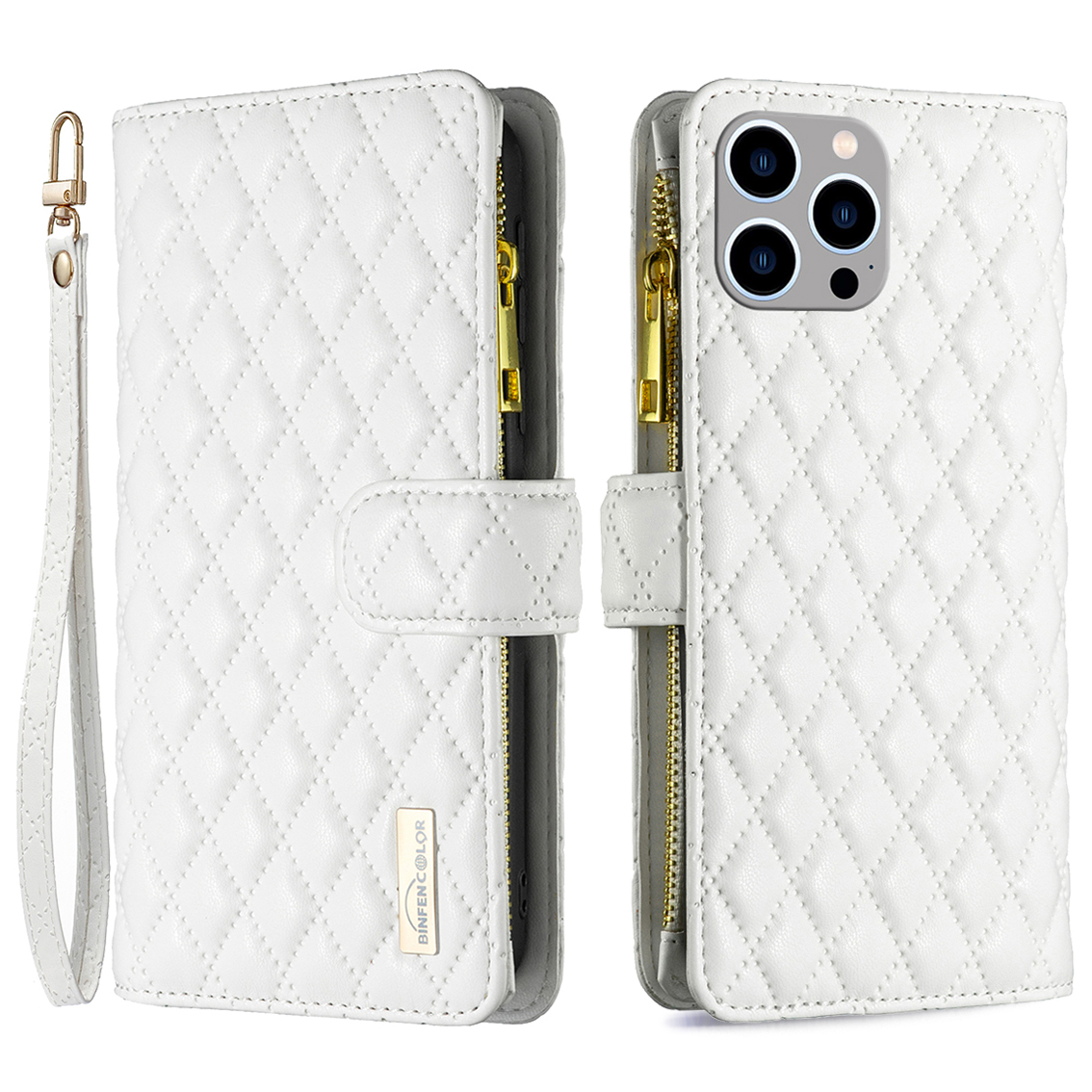 

Binfen Color BF Style-15 Für Iphone 15 Pro Reißverschluss Pocket Pocket Case Wallet Phone Stand Shell Lederabdeckung - Weiss, iPhone 15 Pro