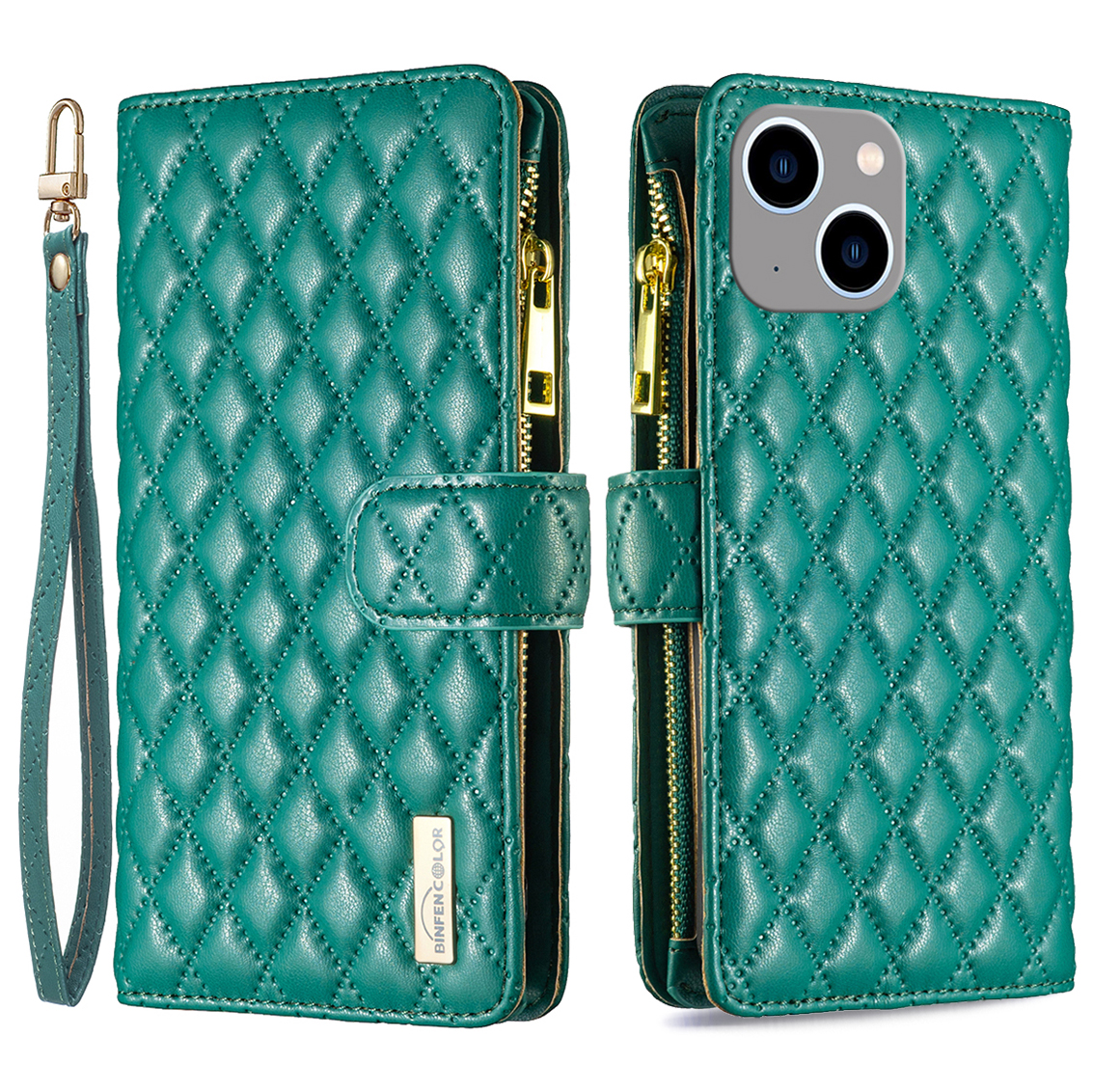 

Binfen Color BF Style-15 Für Iphone 15 Plus Flip Hülle Reißverschluss Pocket Wallet Phone Ständer Pu-lederabdeckung - Grün, iPhone 15 Plus