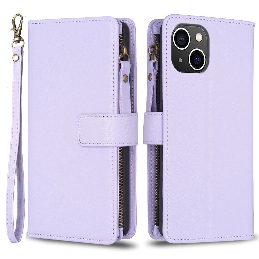 

BF Style-19 Für Iphone 15 PU Lederständer Phone Hülle Reißverschluss Pocket Anti-drop Wallet Wallet Cover - Lila, iPhone 15