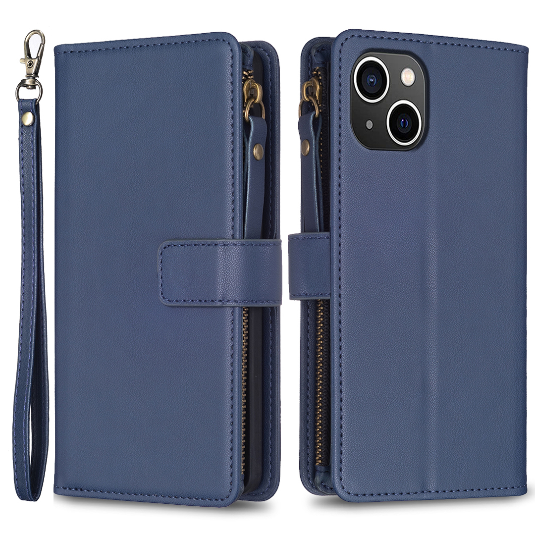 

BF Style-19 Für Iphone 15 PU Lederständer Phone Hülle Reißverschluss Pocket Anti-drop Wallet Wallet Cover - Blau, iPhone 15
