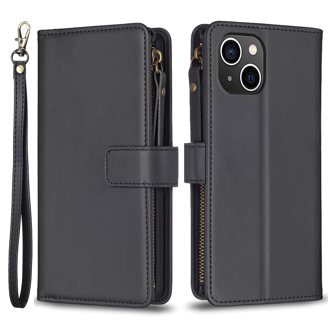 

BF Style-19 Für Iphone 15 PU Lederständer Phone Hülle Reißverschluss Pocket Anti-drop Wallet Wallet Cover - Schwarz, iPhone 15