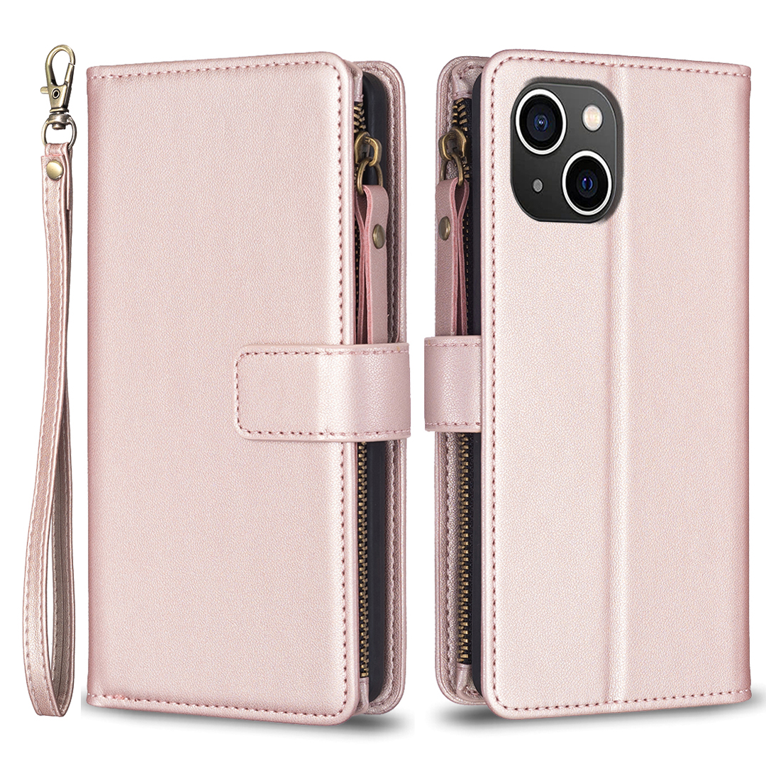 

BF Style-19 Für Iphone 15 PU Lederständer Phone Hülle Reißverschluss Pocket Anti-drop Wallet Wallet Cover - Roségold, iPhone 15