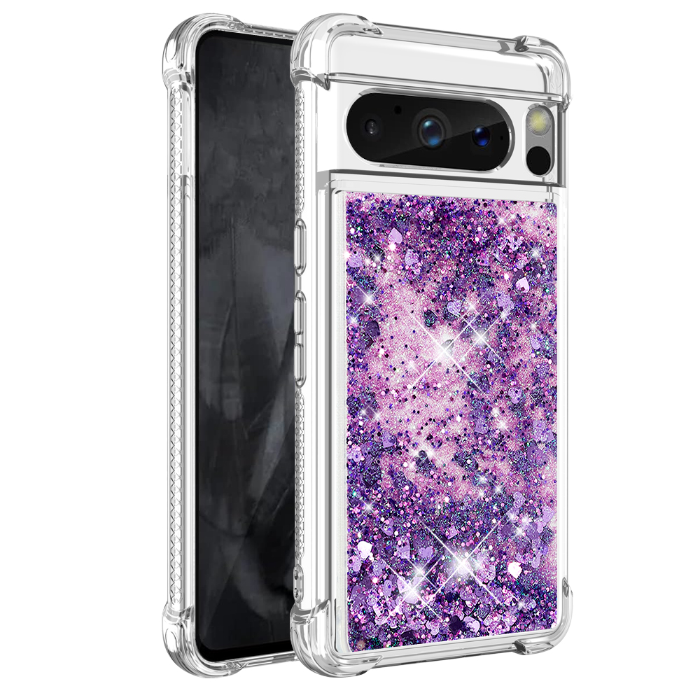 

YB Quicksand Series-1 Für Google Pixel 8 Pro Glitter Liquid Phone Case Transparent TPU Schockdcoverabdeckung - Dunkelviolett / Herzen, Google Pixel 8 Pro