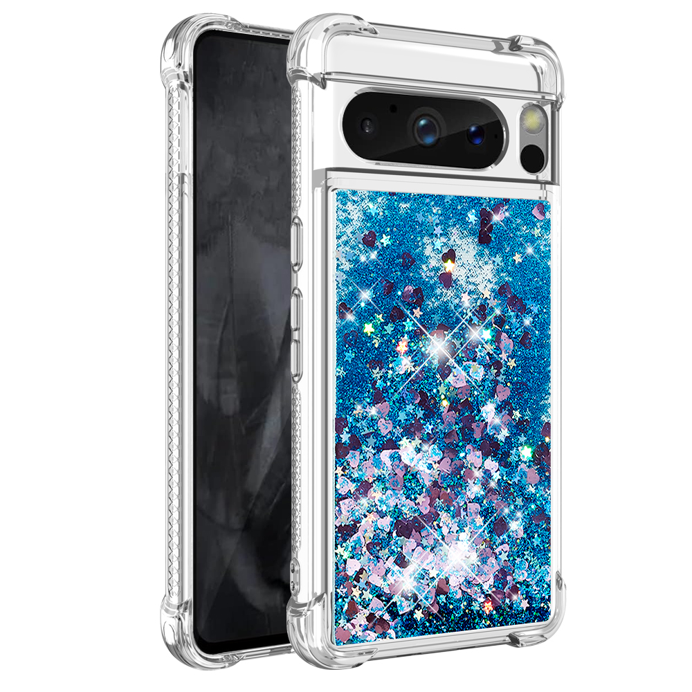 

YB Quicksand Series-1 Für Google Pixel 8 Pro Glitter Liquid Phone Case Transparent TPU Schockdcoverabdeckung - Blau / Herzen, Google Pixel 8 Pro
