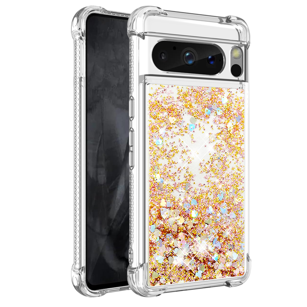 

YB Quicksand Series-1 Für Google Pixel 8 Pro Glitter Liquid Phone Case Transparent TPU Schockdcoverabdeckung - Gold / Herzen, Google Pixel 8 Pro