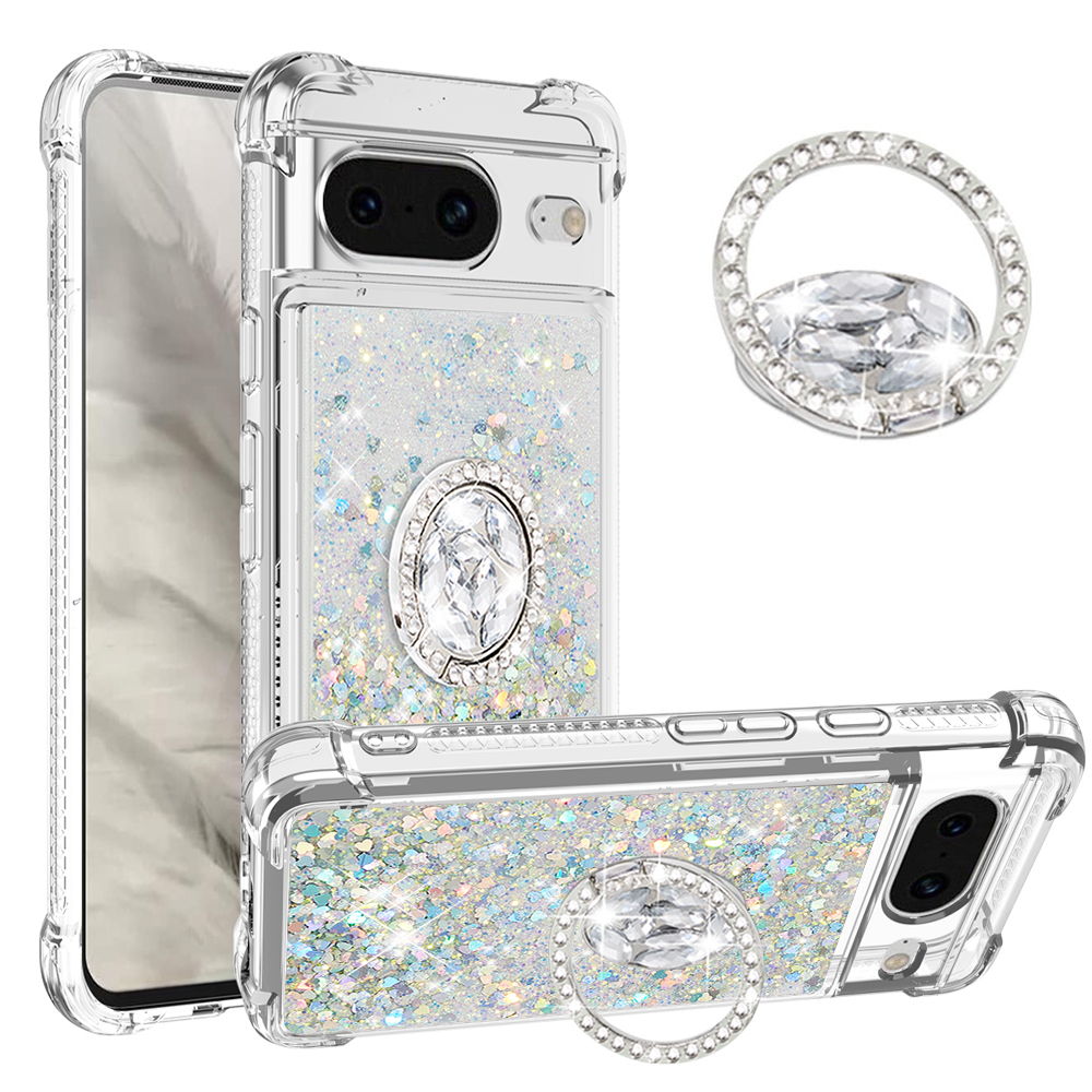 

YB Quicksand Series-7 Für Google Pixel 8 Fließende Flüssigkeitslöser-hülle Ring-kickstand Tpu-telefonabdeckung - Silber / Herzen, Google Pixel 8