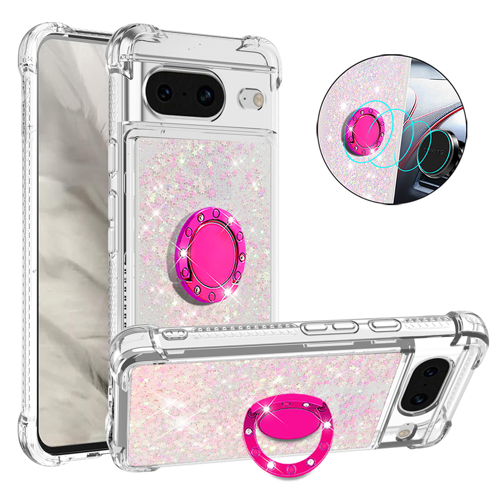 

YB Quicksand Series-7 Für Google Pixel 8 Fließende Flüssigkeitslöser-hülle Ring-kickstand Tpu-telefonabdeckung - Rosa / Pentagramme, Google Pixel 8