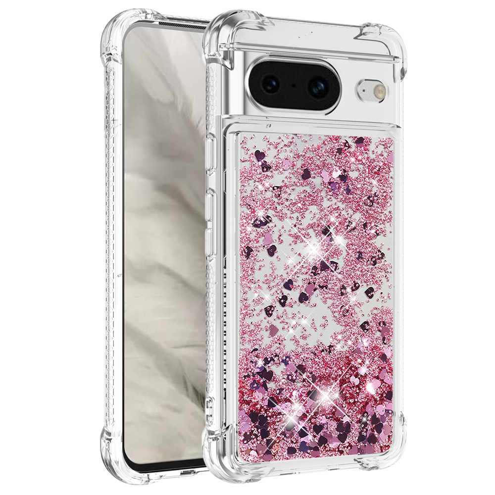 

YB Quicksand Series-1 Für Google Pixel 8 Sparkle Flowing Case TPU Eckkissen Telefonabdeckung - Roségold / Herzen, Google Pixel 8