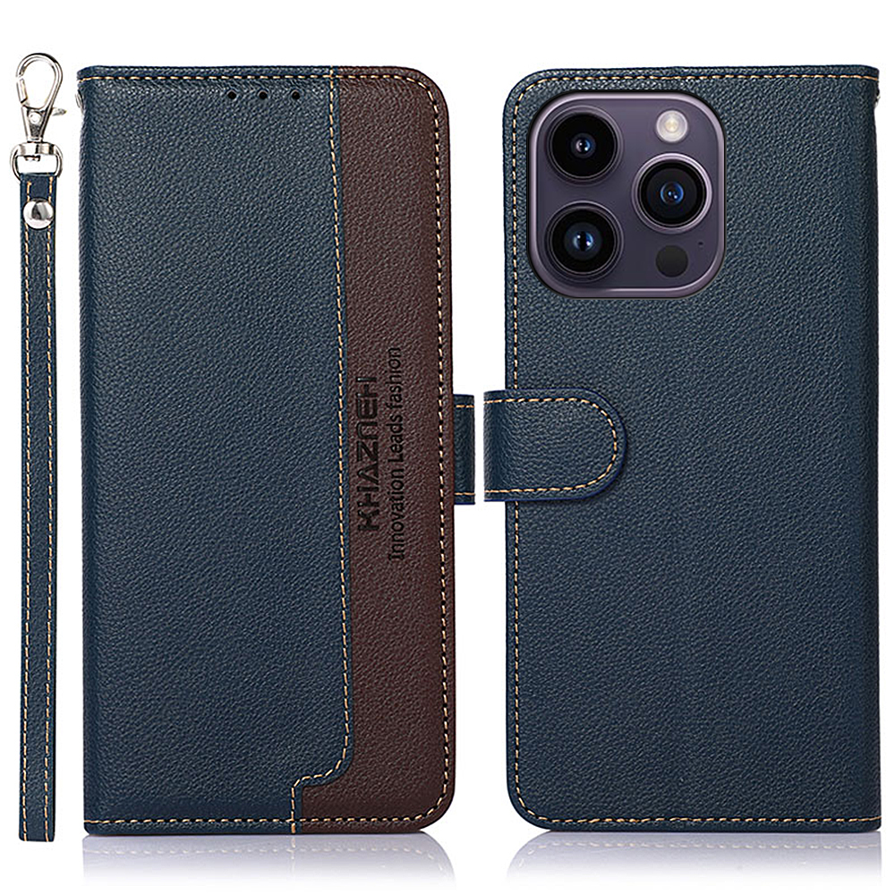 

Khazneh Für Iphone 15 Pro Anti-Scratch RFID Blockierende Lederhülle Ständer Brieftasche Litchi Textur Telefonabdeckung - Blau, iPhone 15 Pro